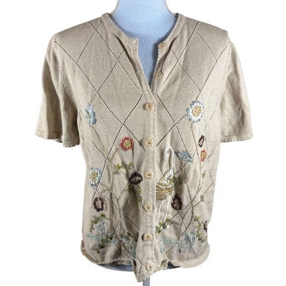 Alfred Dunner Sweaters - Alfred Dunner Oatmeal Embroidered Floral Short-Sleeve Cardigan – Size L